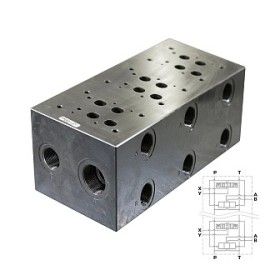 EM207/3Y - Плита для распределителей и клапанов, трехместная, CETOP 07, P-A-B= G1", T=G11/4", M=G1/4", сбоку - EM207/3Y - Плита для распределителей и клапанов, трехместная, CETOP 07, P-A-B= G1", T=G11/4", M=G1/4", сбоку